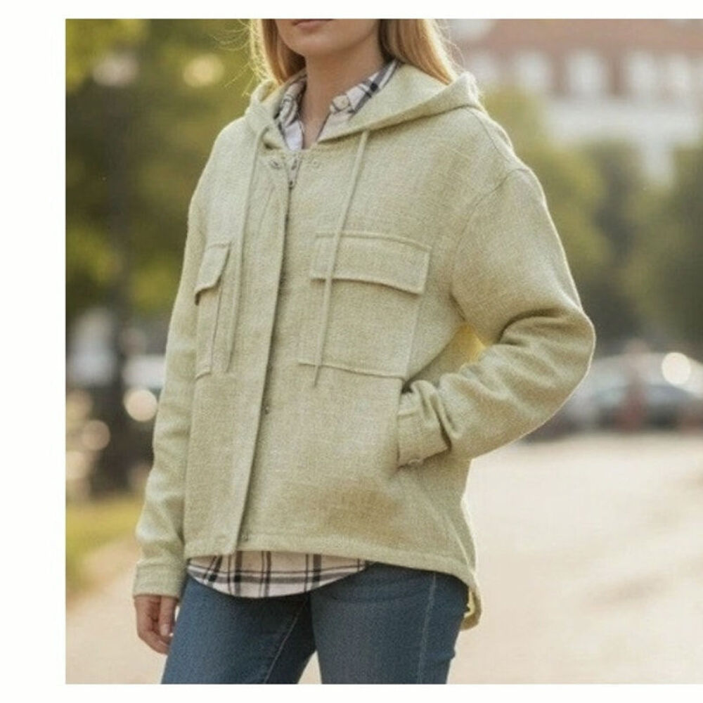 Avec Les Filles XL Linen-Look Boxy Light Green Hooded Utility Jacket - Picture 2 of 11